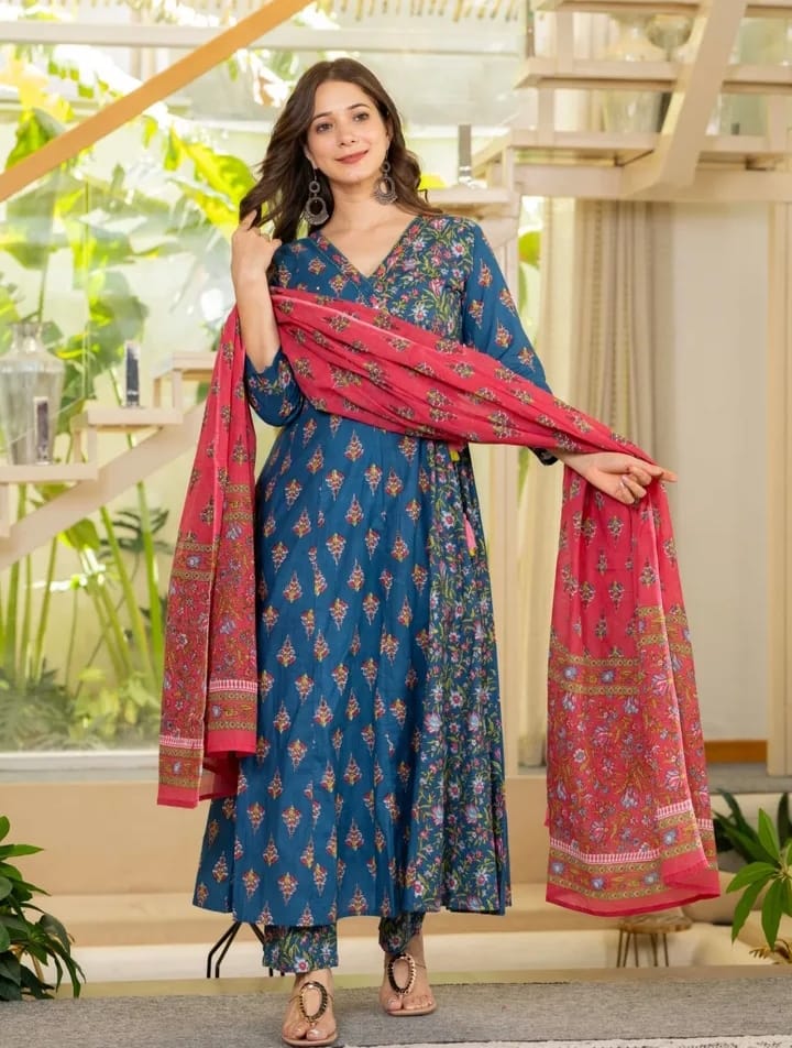 Floral Blue & Red Anarkali kurta set