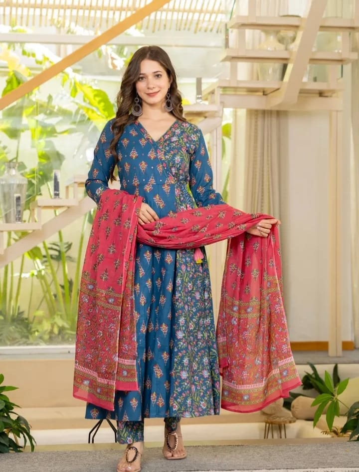 Floral Blue & Red Anarkali kurta set