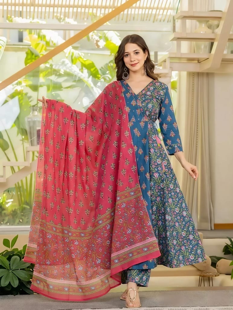 Floral Blue & Red Anarkali kurta set